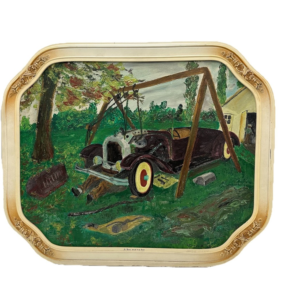 Vintage James Dixon "A Boy And His Toy" Framed Oil Painting Artist Signed 1953